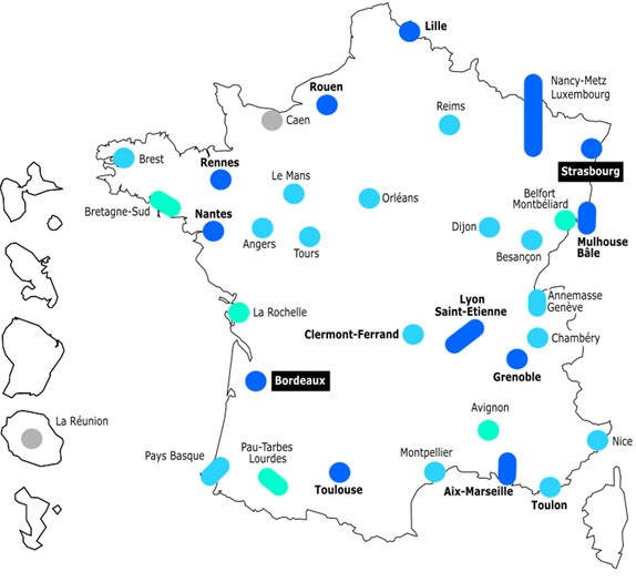 Carte situant les projets de services express régionaux métropolitains en France